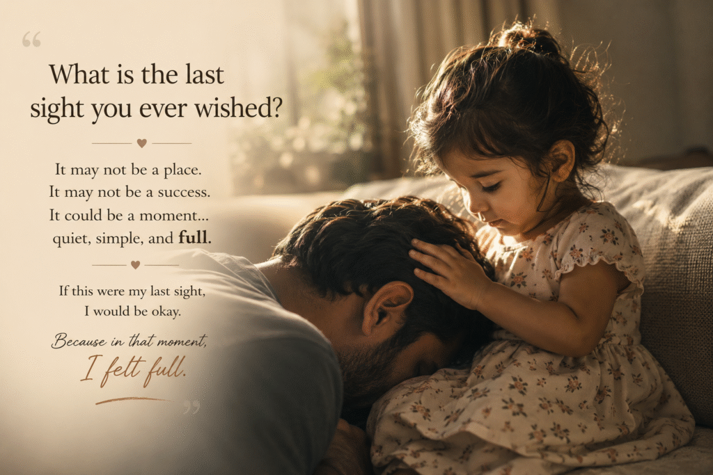 A warm, softly lit scene of a man resting his head in a young child's lap as she gently places her hand on his head. Reflective text on the left asks, "What is the last sight you ever wished?" and speaks about finding peace and feeling complete in a simple moment of love, making the image a contemplative illustration of life's quiet fulfillment.